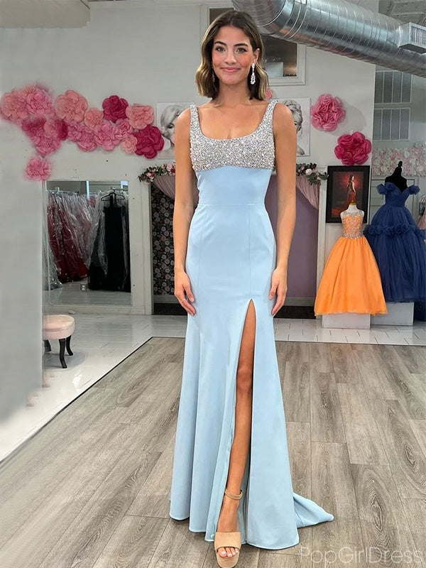 Elegant Square Sleeveless Mermaid With Front Split Long Prom Dresses, PG62