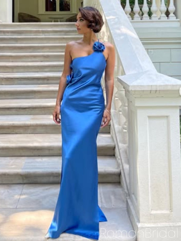 Sexy One-shoulder Sleeveless Mermaid Satin Long Prom Dresses For Party, PG747