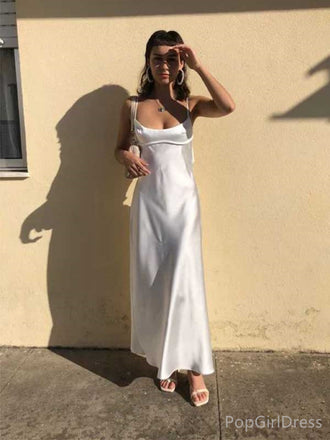 Soft Spaghetti Strap Sleeveless A-line Satin Long Prom Dresses For Party, PG403