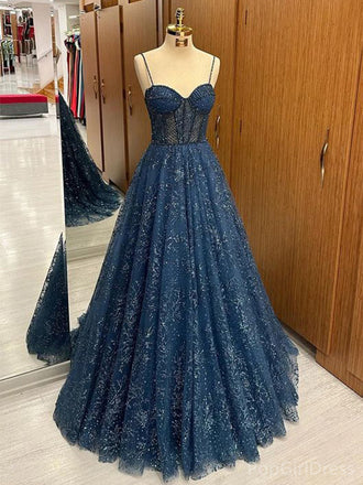 Elegant Spaghetti Strap Sleeveless A-line Tulle Long Prom Dresses For Party, PG439