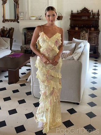 Unique Spaghetti Strap Sleeveless Mermaid Satin Long Prom Dresses For Party, PG733