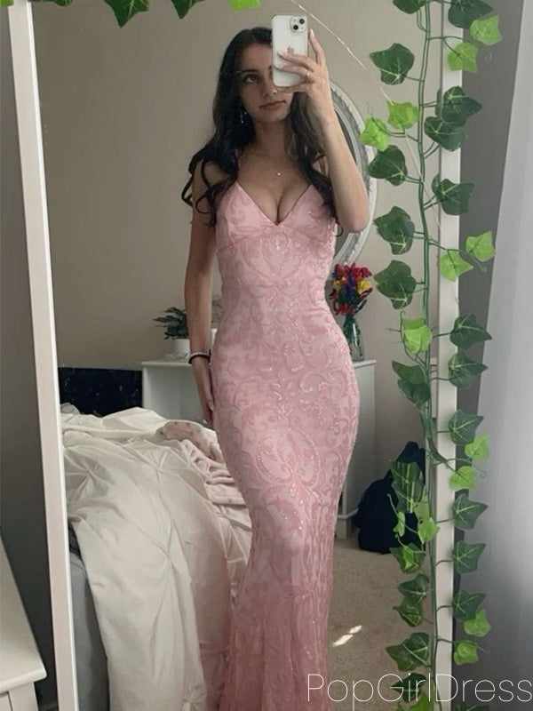 Elegant V-neck Sleeveless Mermaid Satin Long Prom Dresses For Party, PG767