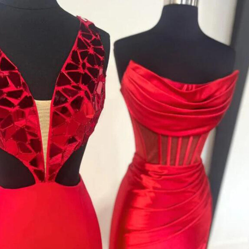 Sexy Mismatched Red Sleeveless Mermaid Long Bridesmaid Dresses, PGB02