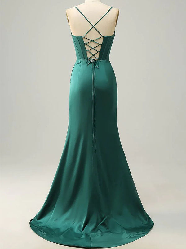 Sexy Spaghetti Strap Sleeveless Mermaid Long Prom Dresses With Side Split, PG10