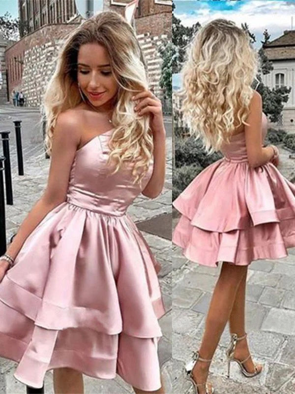 Simple One-shoulder Sleeveless Short A-line Satin Homecoming Dresses For Party, PGH308