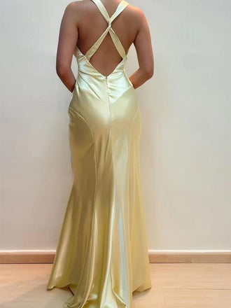 Sexy V-neck Sleeveless Mermaid Satin Long Prom Dresses For Party, PG832
