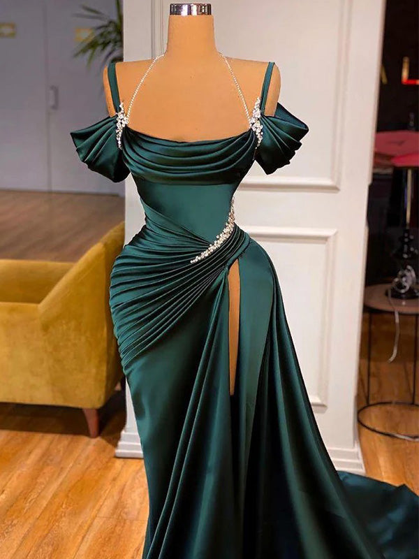 Sexy Off-shoulder Sleeveless Mermaid Satin Long Prom Dresses For Party, PG748