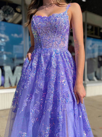 Elegant Spaghetti Strap Sleeveless A-line Tulle Long Prom Dresses With Slit For Party, PG260