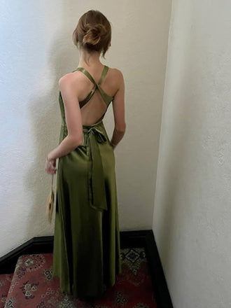 Sexy V-neck Sleeveless Mermaid Satin Long Prom Dresses For Party, PG1019