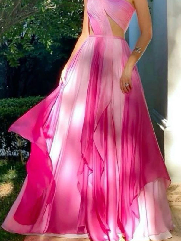 Gorgeous One-shoulder Sleeveless A-line Chiffon Long Prom Dresses For Party, PG518