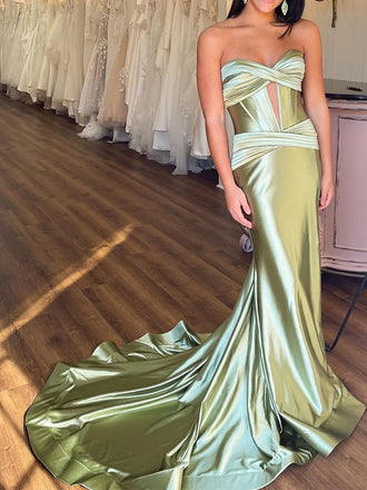 Sexy Spaghetti Strap Sleeveless Mermaid Satin Long Prom Dresses With Trailing For Party, PG216