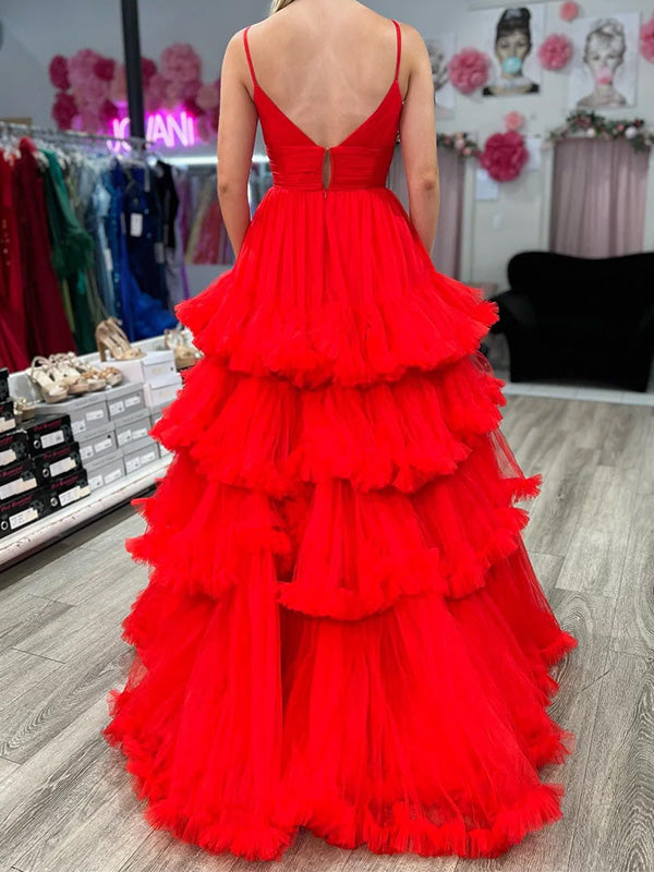 Elegant V-neck Spaghetti Strap Sleeveless Tulle A-line Red Long Prom Dresses For Party, PG204