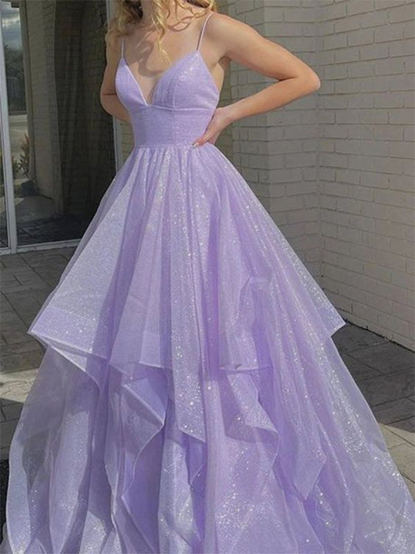 Shiny Spaghetti Strap Sleeveless A-line Tulle Long Prom Dresses For Party, PG526