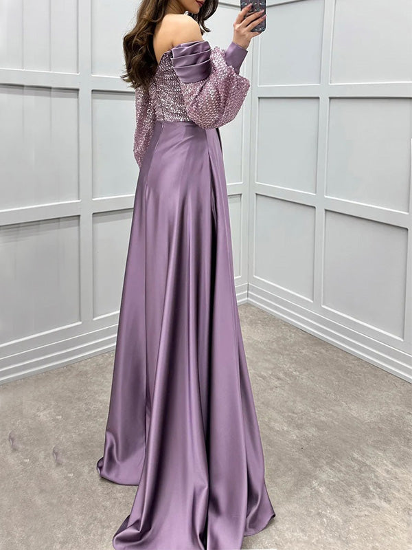 Elegant Off-shoulder Full Sleeve Mermaid Satin Long Prom Dresses For Party, PG634