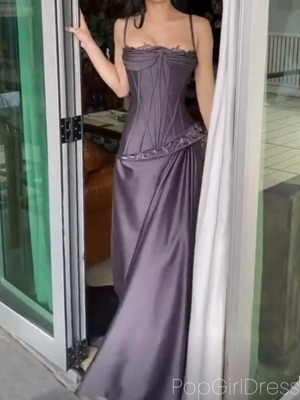 Elegant Spaghetti Strap Sleeveless Mermaid Satin Long Prom Dresses For Party, PG622