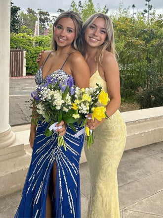 Elegant Spaghetti Strap Sleeveless Mermaid Lace Long Prom Dresses For Party, PG999