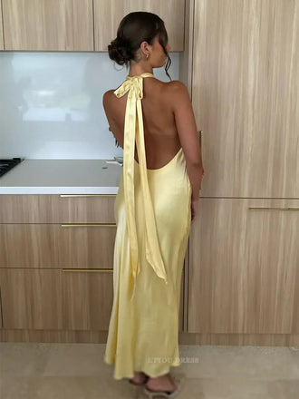 Sexy Halter Sleeveless Mermaid Satin Long Prom Dresses For Party, PG973