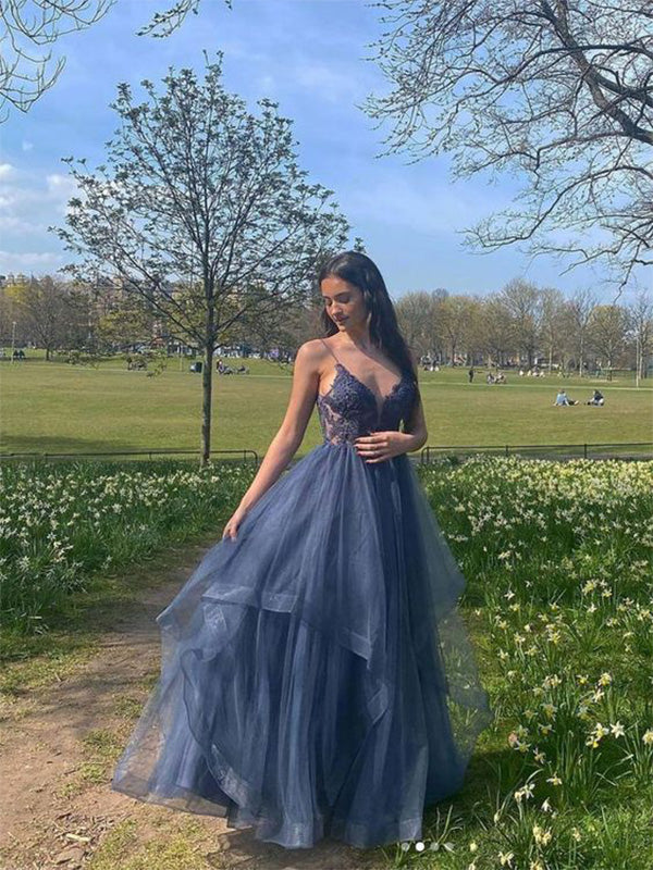 Elegant Spaghetti Strap V-neck Sleeveless A-line Tulle Long Prom Dresses For Party, PG436