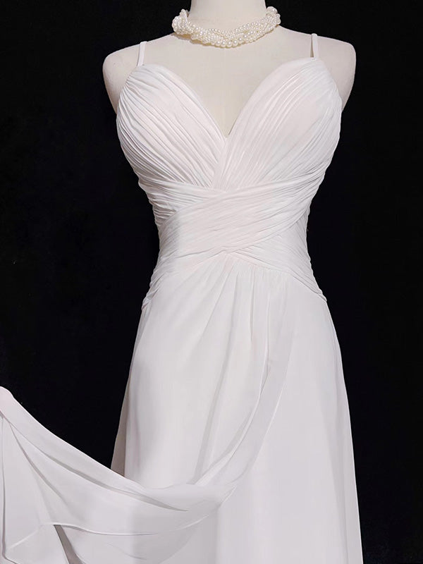 Simple Spaghetti Strap Sleeveless A-line Chiffon White Long Prom Dresses For Party, PG280