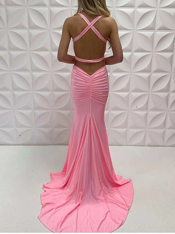 Sexy V-neck Sleeveless Mermaid Satin Pink Long Prom Dresses With Trailing For Party, PG268