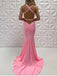 Sexy V-neck Sleeveless Mermaid Satin Pink Long Prom Dresses With Trailing For Party, PG268