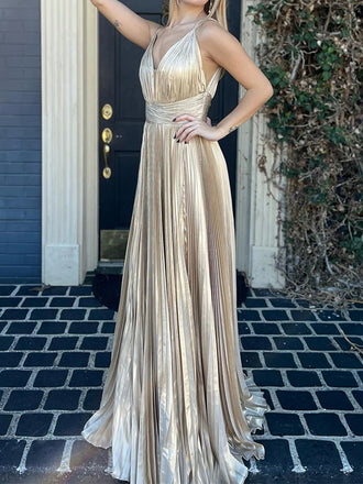 Elegant Spaghetti Strap V-neck Sleeveless A-line Satin Long Prom Dresses For Party, PG256