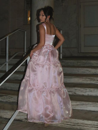 Soft Spaghetti Strap Sleeveless A-line Satin Long Prom Dresses For Party, PG820