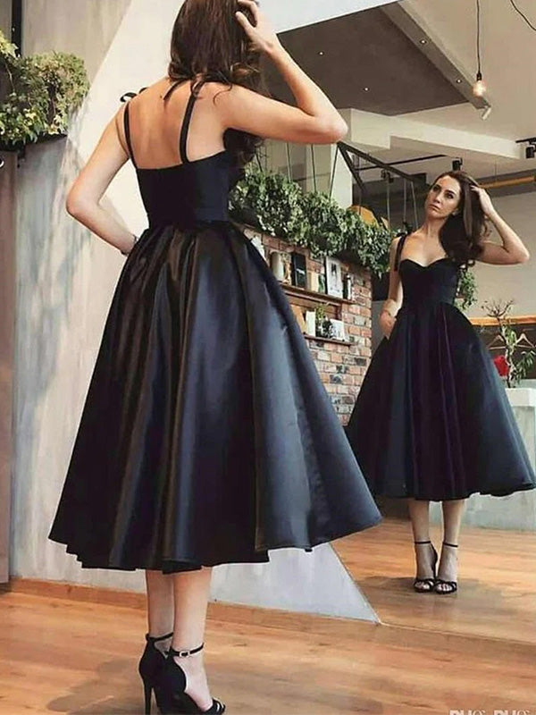 Formal Spaghetti Strap Sleeveless A-line Satin Long Prom Dresses Black For Party, PG228