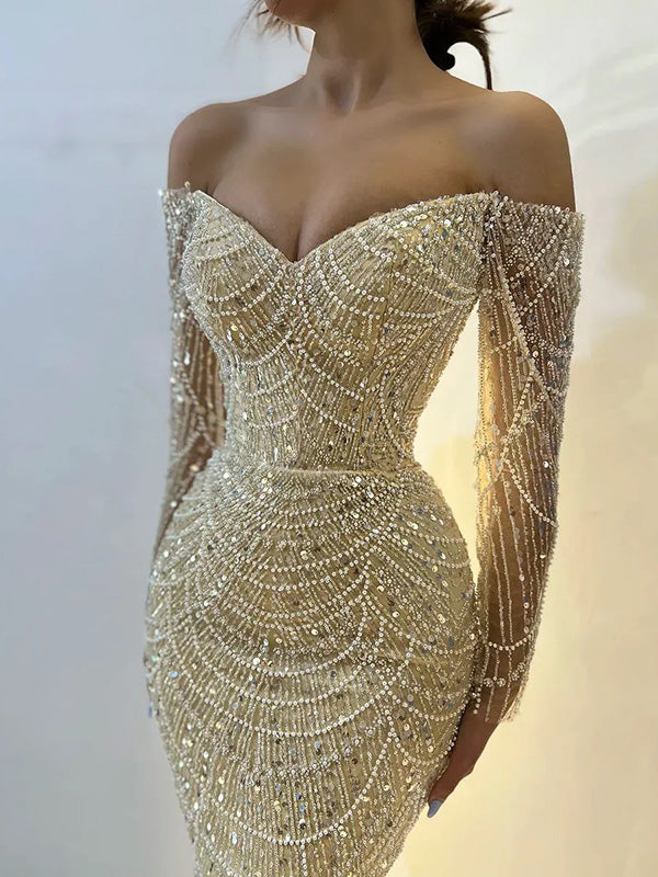 Gorgeous Sweetheart Full Sleeve Mermaid Champagne Long Prom Dresses For Party, PG493