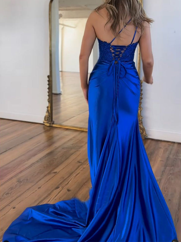 Elegant One-shoulder Mermaid Sleeveless With Side Slit Long Prom Dresses For Party, PG120