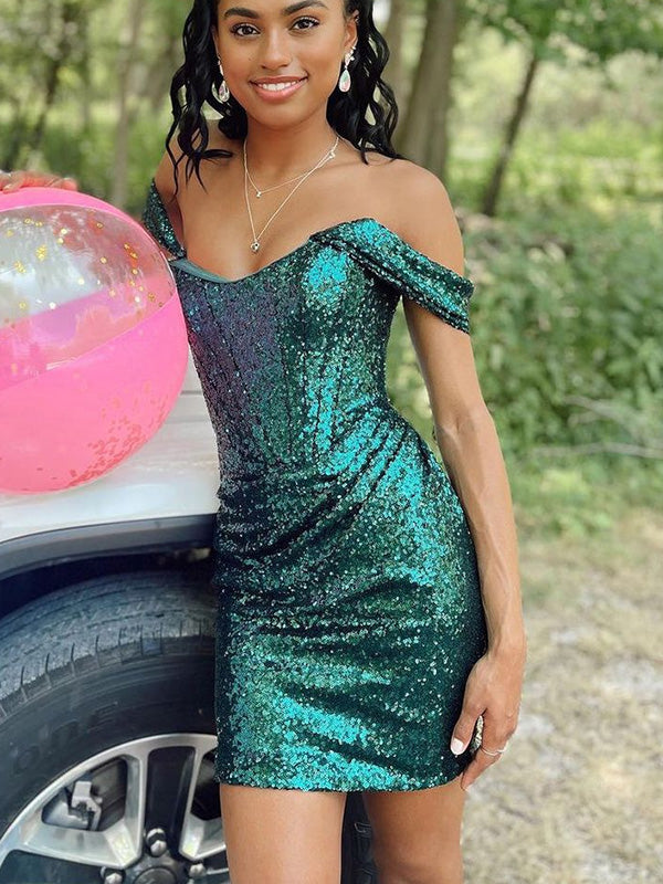 Sexy Off-shoulder Sleeveless Short Mermaid Sequin Homecoming Dresses For Party, PGH296