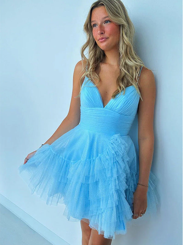 Simple Spaghetti Strap V-neck Sleeveless Short Tulle A-line Homecoming Dresses For Party, PGH188