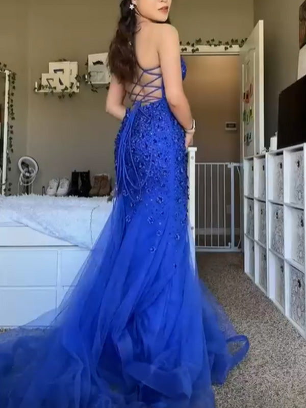 Elegant Spaghetti Strap V-neck Sleeveless Mermaid Lace Long Prom Dresses For Party, PG476