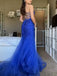Elegant Spaghetti Strap V-neck Sleeveless Mermaid Lace Long Prom Dresses For Party, PG476