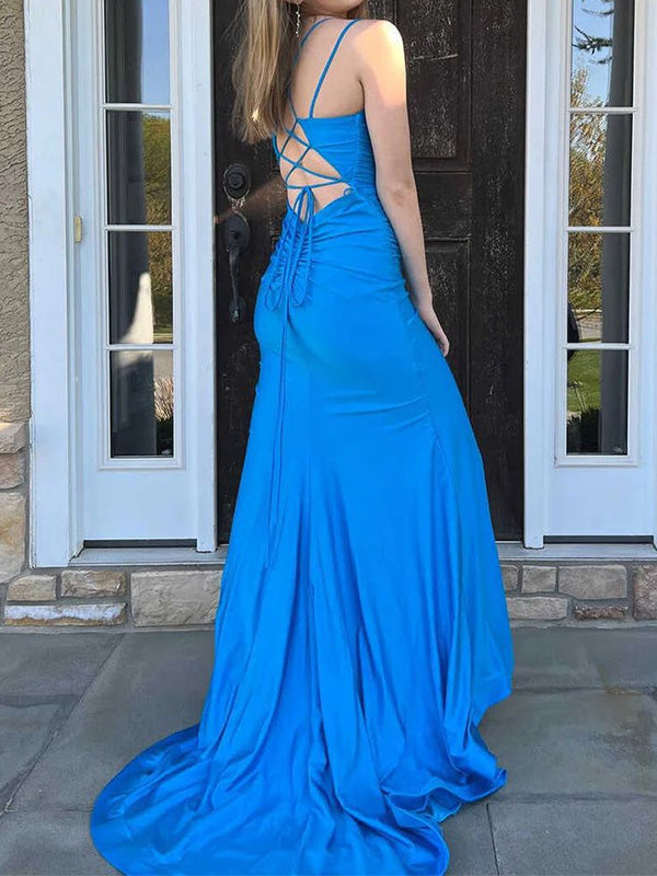 Sexy Spaghetti Strap Sleeveless Mermaid With Side Split Long Prom Dresses, PG56