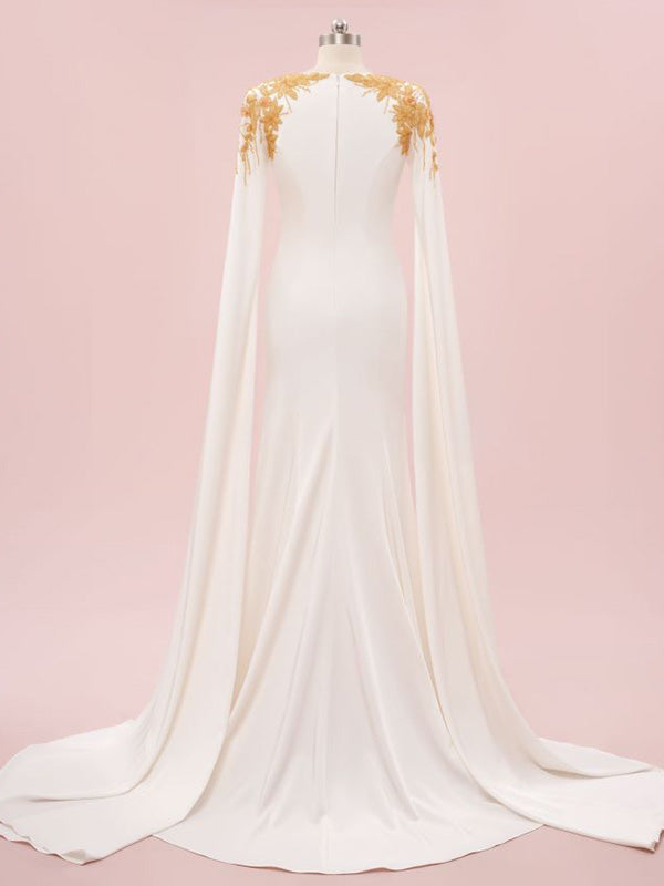 Elegant Scoop Cap Sleeve Mermaid Satin White Long Prom Dresses With Trailing For Party, PG220