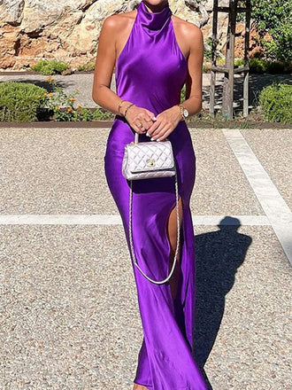 Soft Halter Sleeveless Mermaid Satin Long Prom Dresses For Party, PG452