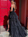 Elegant Spaghetti Strap V-neck Sleeveless A-line Black Tulle Long Prom Dresses For Party, PG276