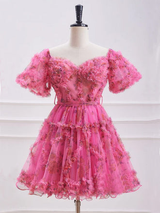 Elegant Off-shoulder Sleeveless A-line Tulle Homecoming Dresses For Party, PGH348