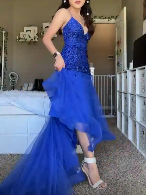 Elegant Spaghetti Strap V-neck Sleeveless Mermaid Lace Long Prom Dresses For Party, PG476