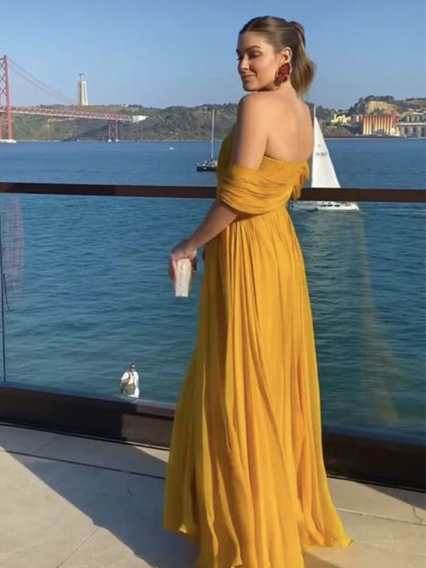 Simple Off-shoulder Sleeveless A-line Satin Long Prom Dresses For Party, PG618