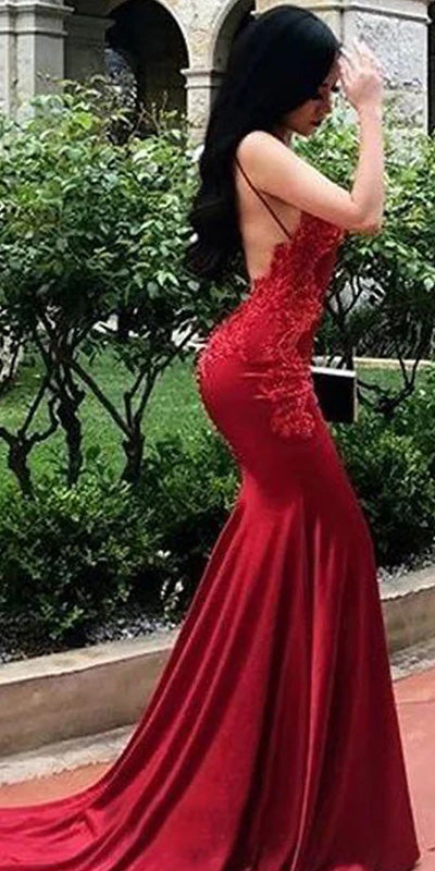 Sexy Spaghetti Strap Sleeveless Mermaid Satin Red Long Prom Dresses For Party, PG550