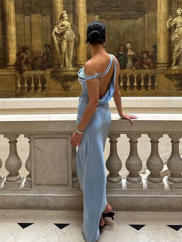 Formal One-shoulder Sleeveless mermaid Satin Long Prom Dresses For Party, PG726