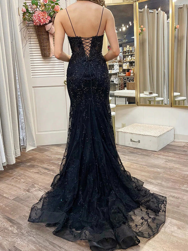 Sexy Spaghetti Strap Sleeveless Black Tulle Mermaid Long Prom Dresses With Trailing For Party, PG248