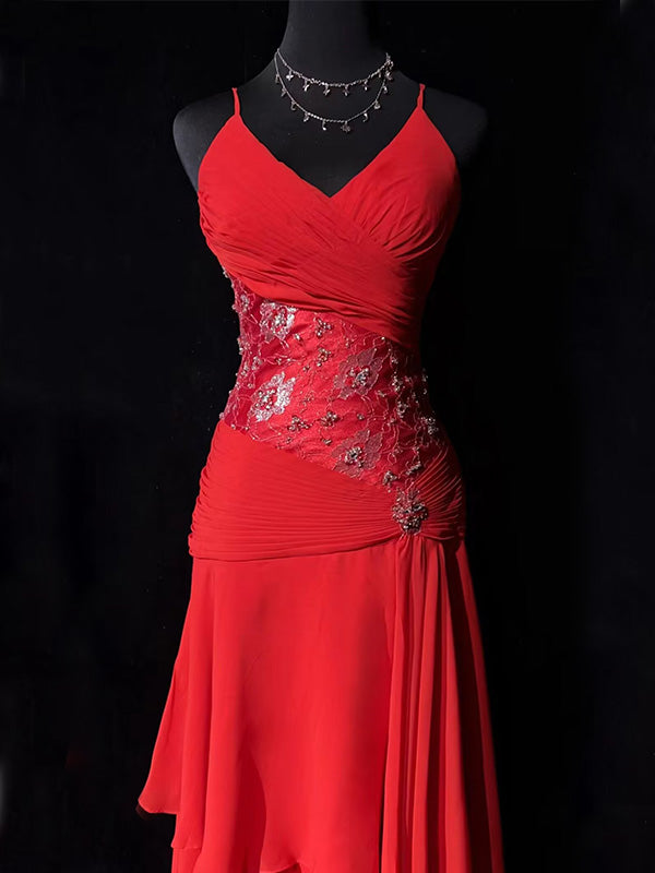 Sexy Spaghetti Strap Sleeveless Mermaid Chiffon Red Homecoming Dresses For Party, PGH304