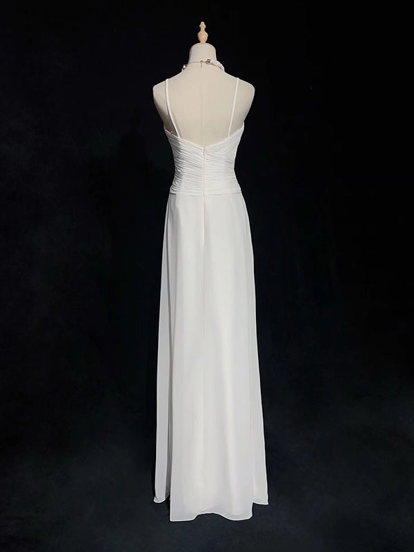 Simple Spaghetti Strap Sleeveless A-line Chiffon White Long Prom Dresses For Party, PG280