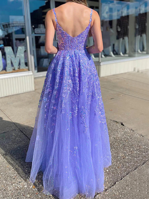 Elegant Spaghetti Strap Sleeveless A-line Tulle Long Prom Dresses With Slit For Party, PG260
