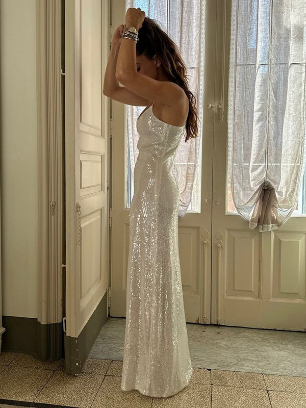 Sexy Spaghetti Strap Sleeveless Mermaid Sequin Long Prom Dresses For Party, PG828