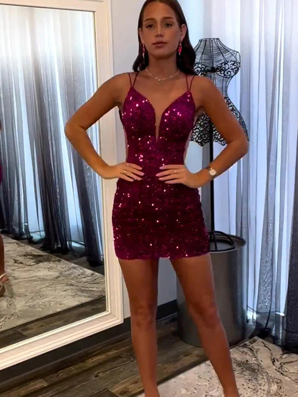 Sexy Spaghetti Strap Sleeveless Short Mermaid Sequin Homecoming Dresses For Party, PGH292