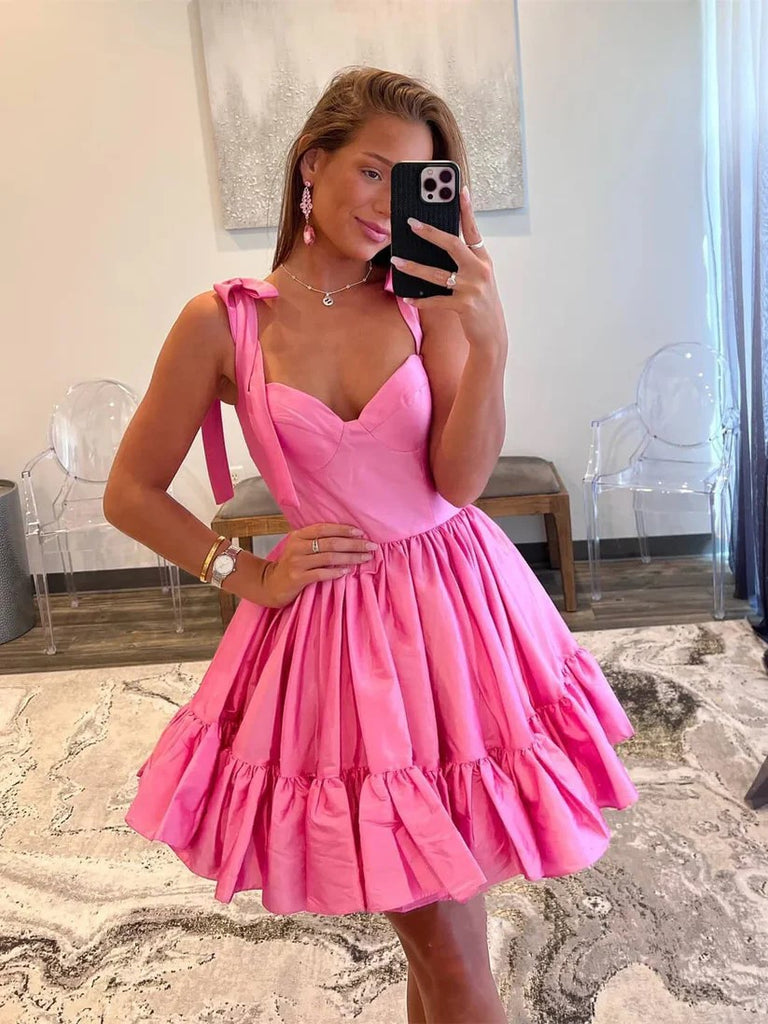 Formal Spaghetti Strap Sleeveless A-line Satin Ruffles Short Homecoming Dresses For Party, PGH400